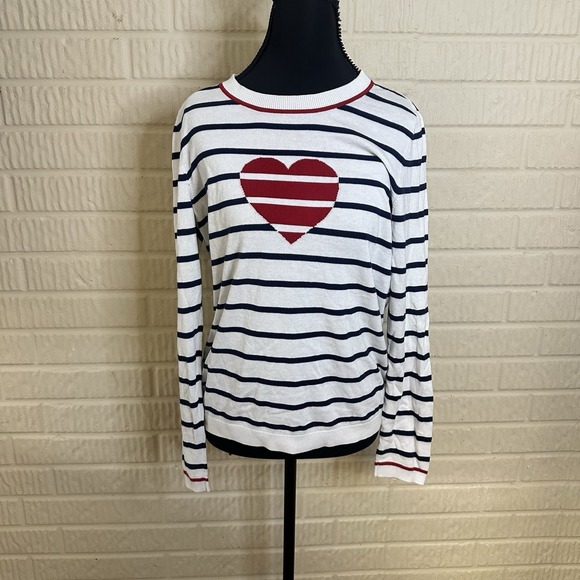 Talbots Sweaters - Talbots Blue White Striped Heart Cotton Blend Crew Neck Sweater Sz M Valentine's